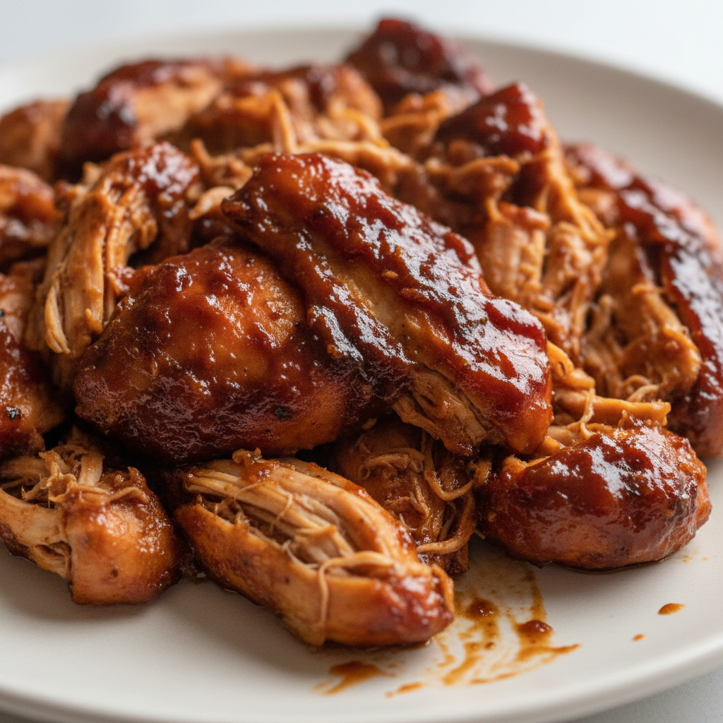 A succulent plate of shredded Crockpot BBQ Chicken on a bun with a side of coleslaw, ready to enjoy.
