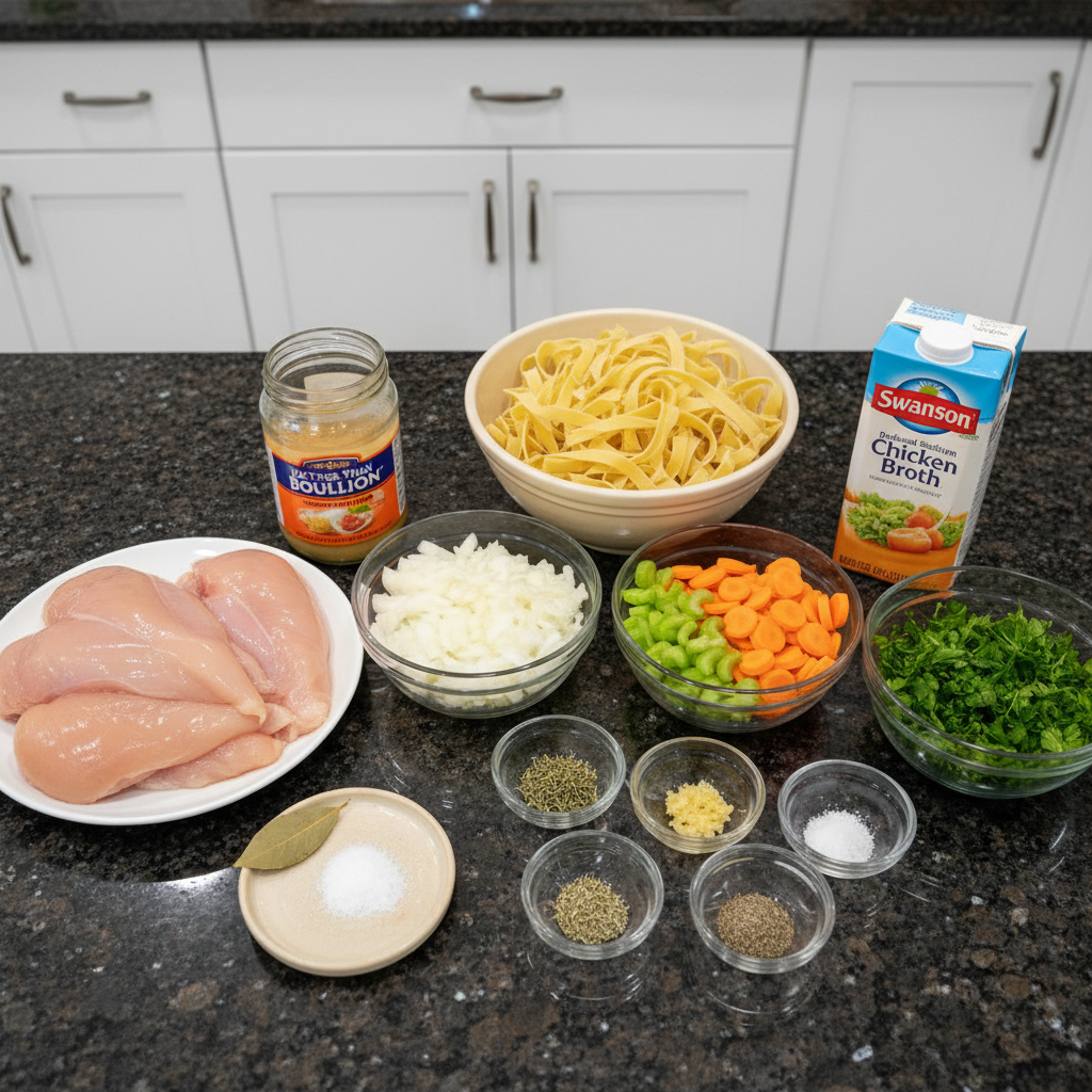 Fresh ingredients for crockpot chicken noodle soup: chicken, carrots, celery, onion, egg noodles, and herbs.