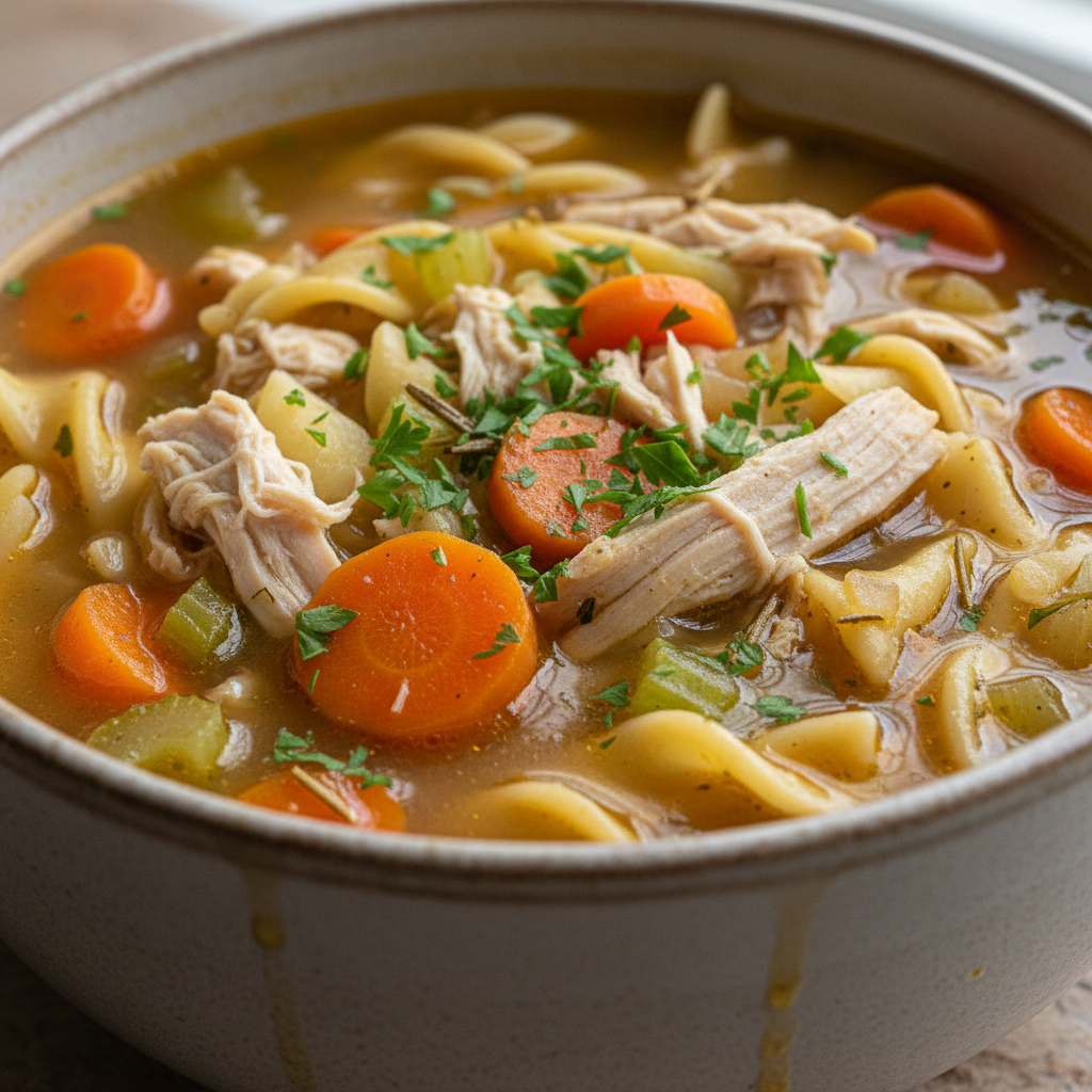 A steaming bowl of homemade crockpot chicken noodle soup with tender chicken, egg noodles, carrots, and celery.