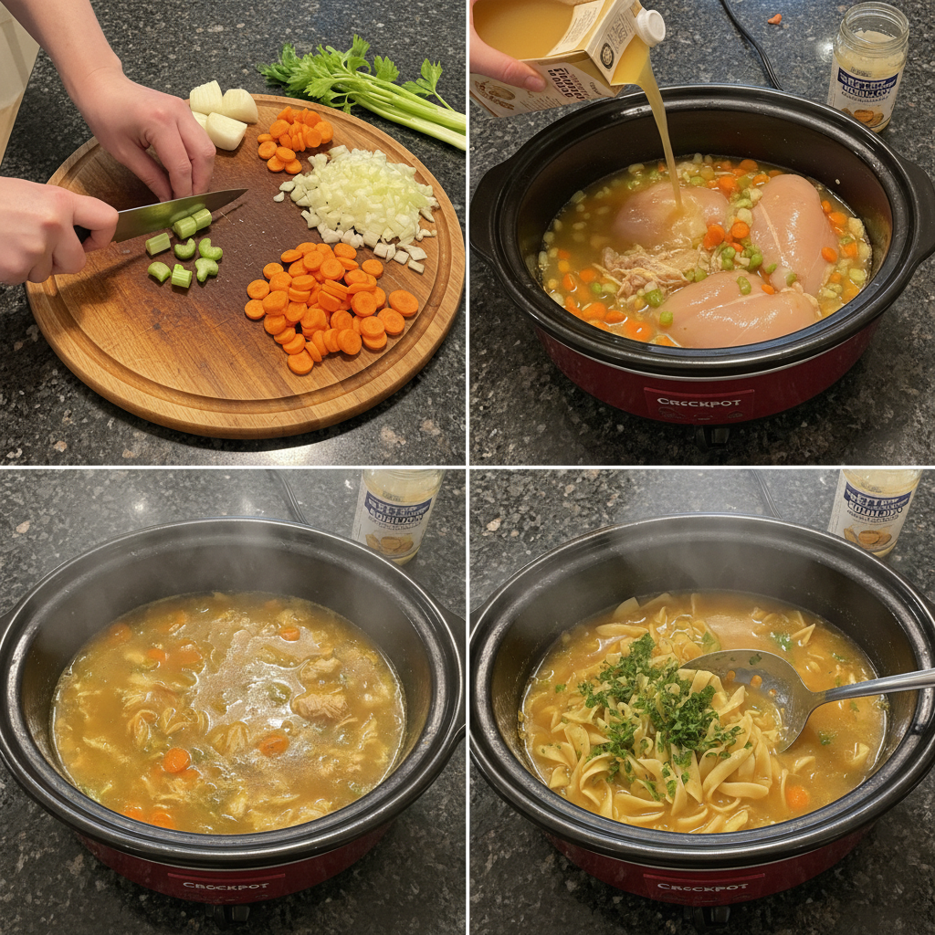 Hands adding chopped vegetables and chicken to a slow cooker, preparing crockpot chicken noodle soup.