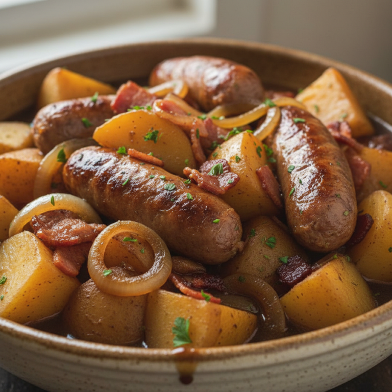 A rustic bowl of Dublin Coddle, a hearty Irish stew with sausages, bacon, potatoes, and onions, garnished with parsley.