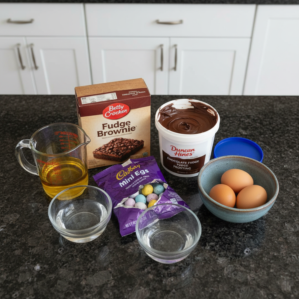 Various fresh ingredients for making Easter Egg Brownie Bites, including flour, sugar, eggs, chocolate, and colorful candy eggs.