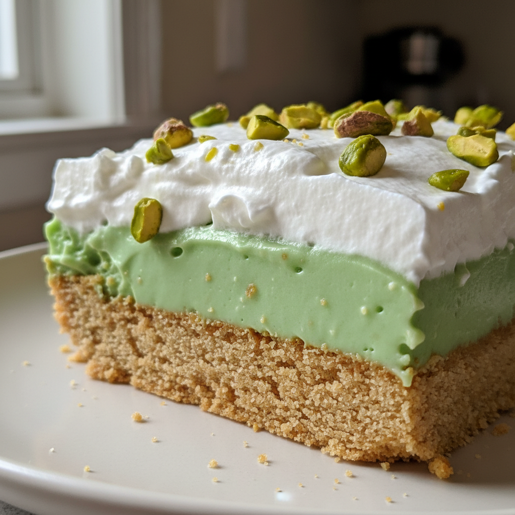 A vibrant green slice of Easy Pistachio Lush dessert with whipped topping and crushed pistachios on a white plate.