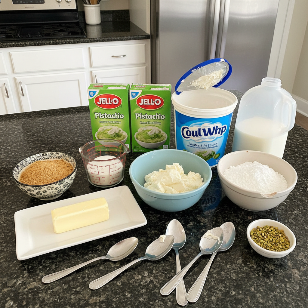 Fresh ingredients for Easy Pistachio Lush laid out, including a box of pistachio pudding, whipped cream, and crushed pistachios.