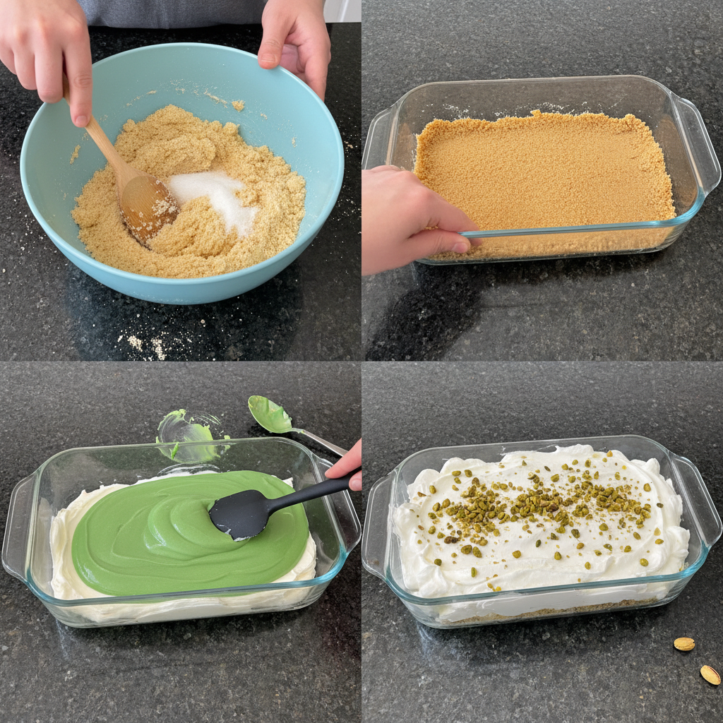 Hands pressing a graham cracker crust into a baking dish, a key step in making Easy Pistachio Lush.