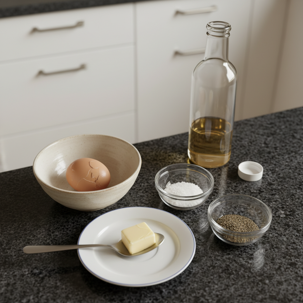 Fresh ingredients laid out for egg fried rice, including eggs, long-grain rice, soy sauce, and chopped vegetables.
