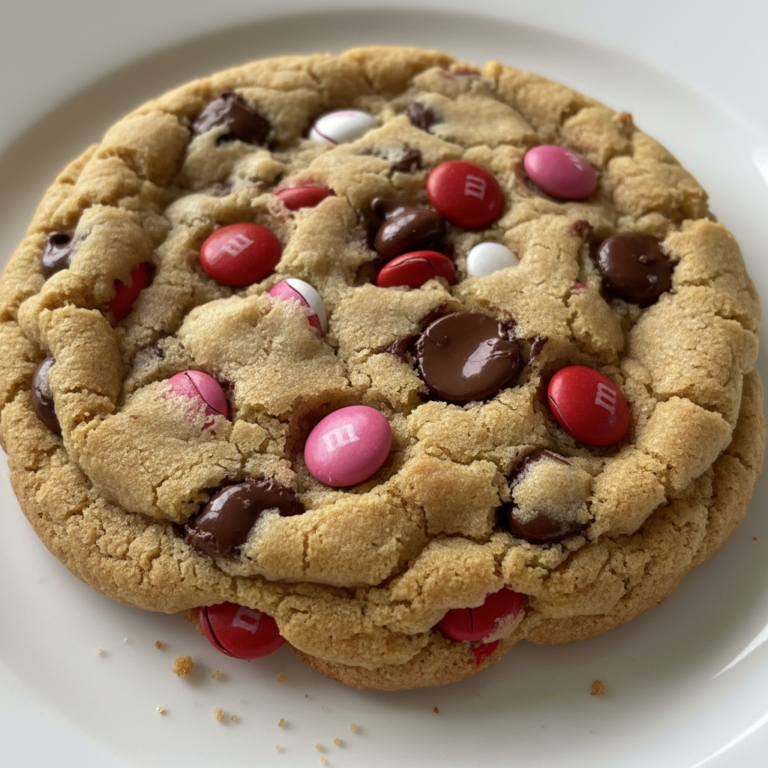 A plate of warm, soft Festive Valentine M&M Cookies with red, pink, and white candies, ready to be enjoyed.