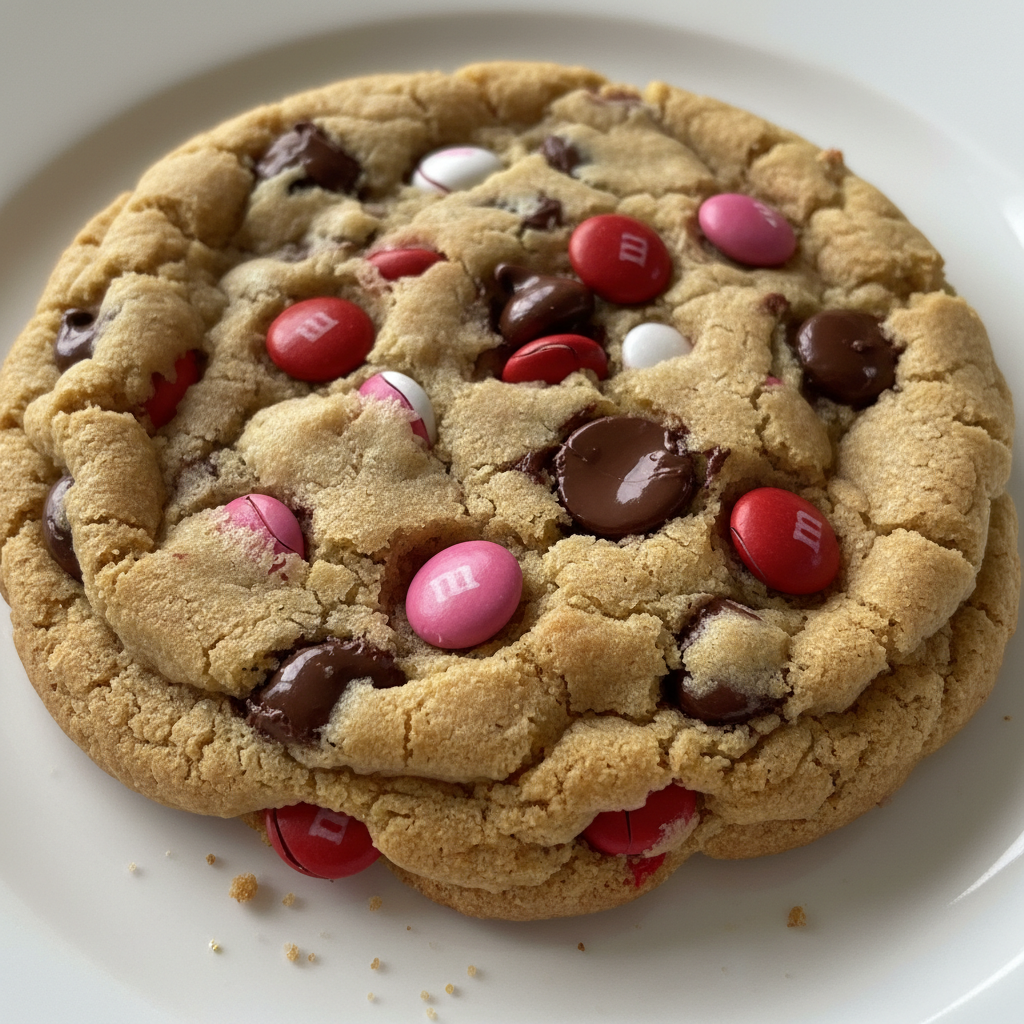 A plate of warm, soft Festive Valentine M&M Cookies with red, pink, and white candies, ready to be enjoyed.