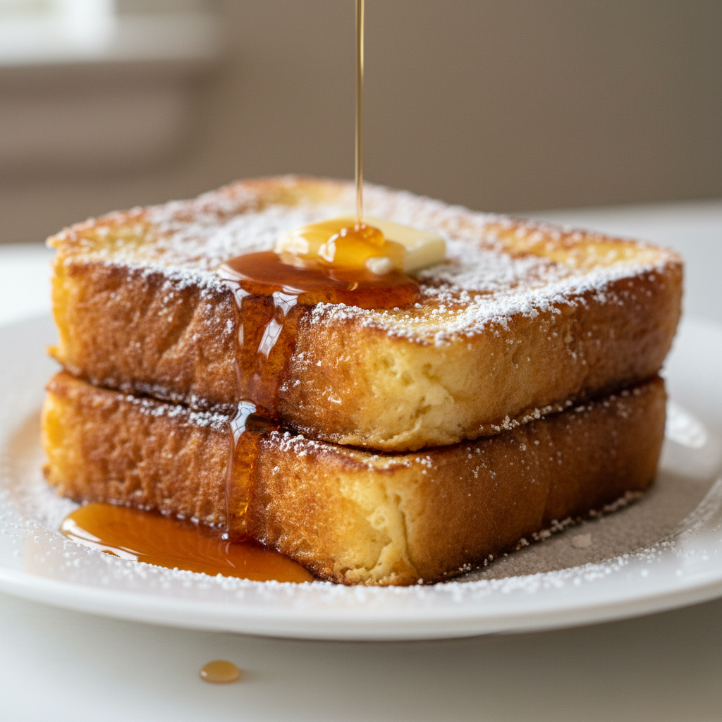 A stack of golden brown french toast recipe slices topped with fresh berries and maple syrup on a white plate.