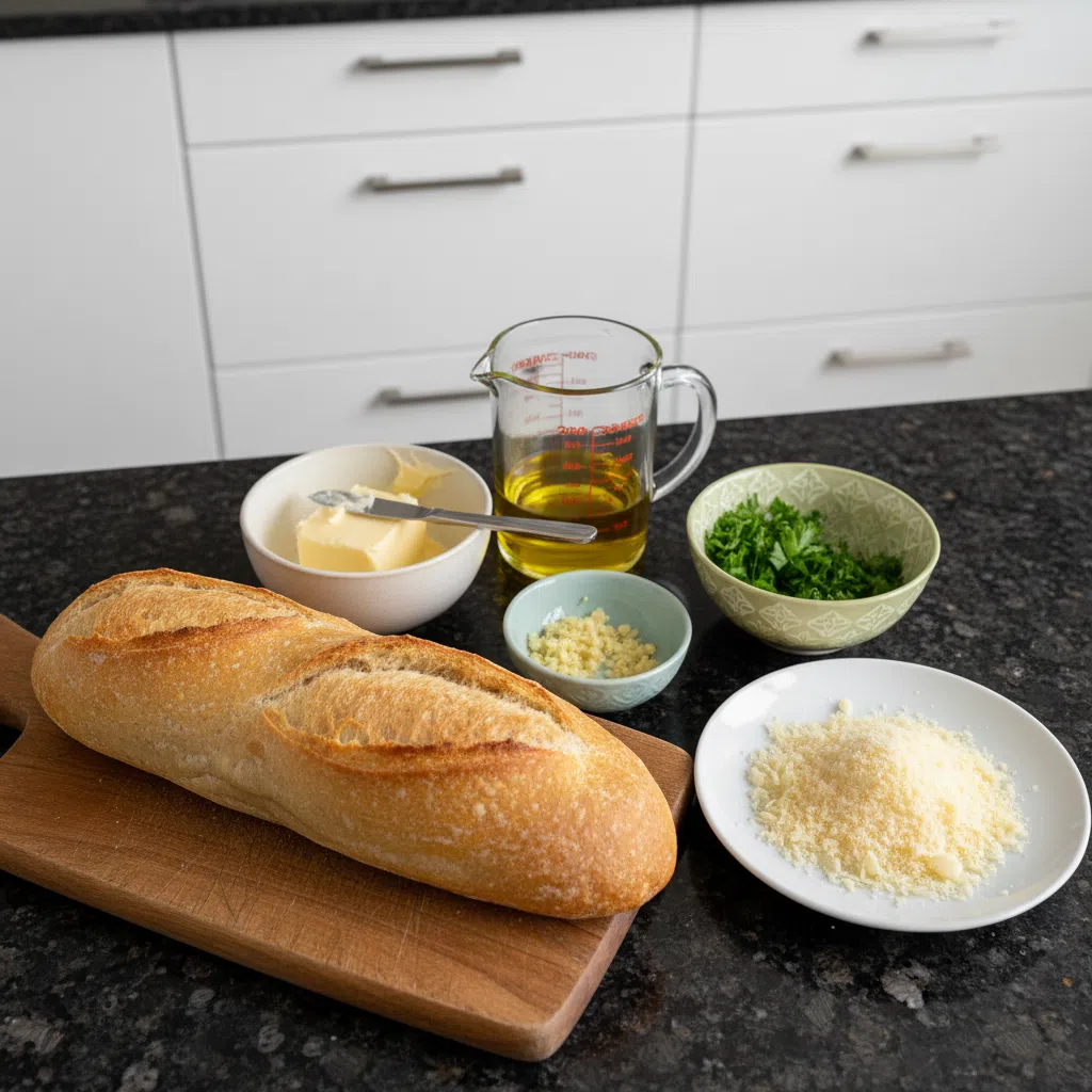 Fresh ingredients laid out for a delicious garlic bread recipe, including bread, butter, garlic, and parsley.