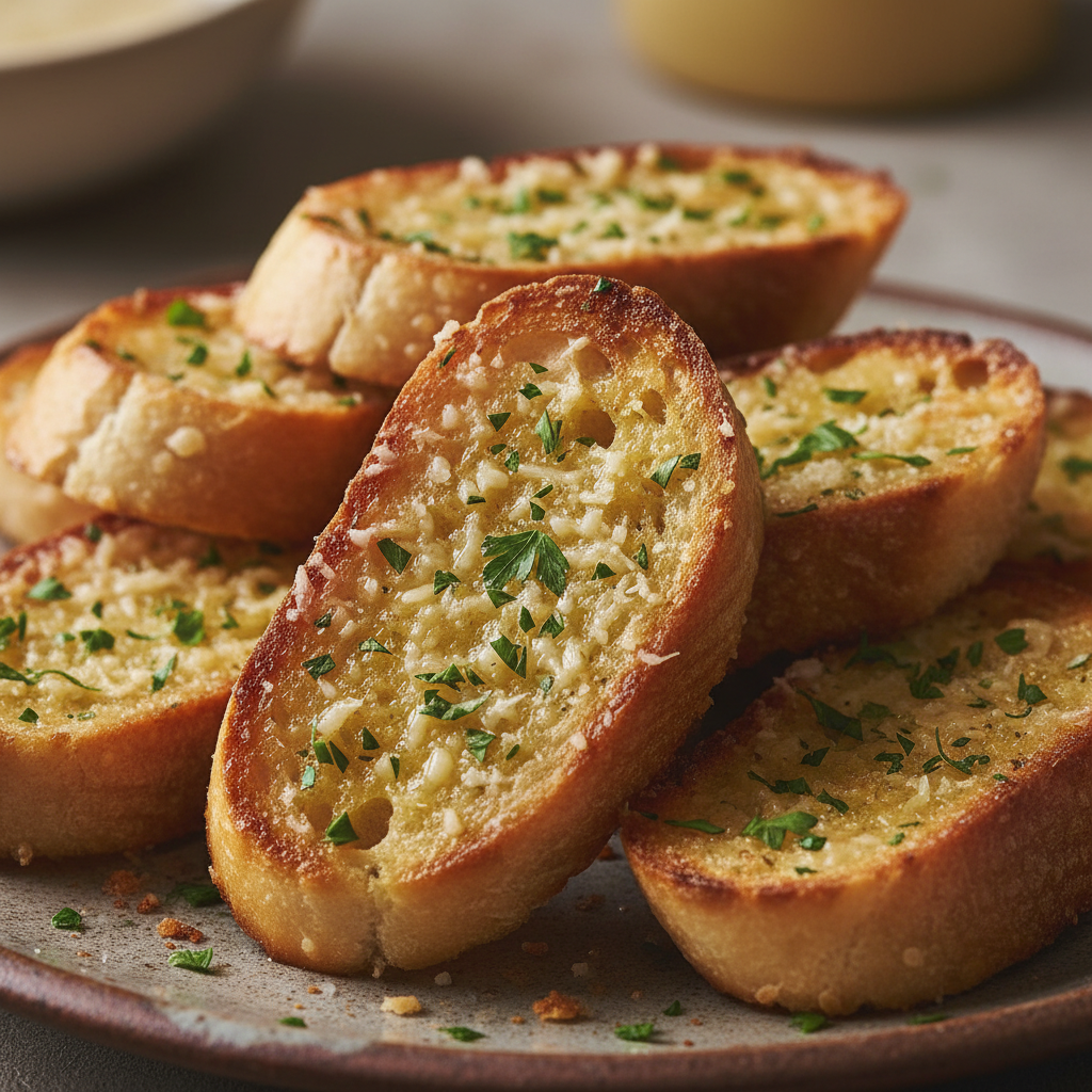 A golden-brown loaf of homemade garlic bread recipe, sliced and ready to serve, with melted butter and parsley.