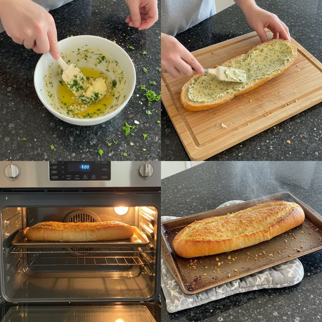 Hands spreading garlic butter on sliced bread, a key step in preparing a flavorful garlic bread recipe.