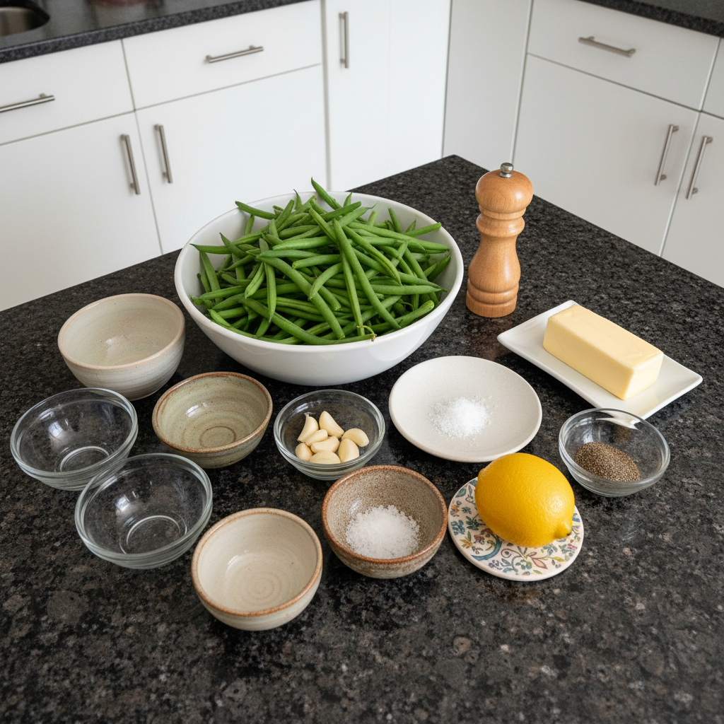 Fresh green beans, garlic cloves, and butter laid out for making garlic butter green beans, ready for preparation.
