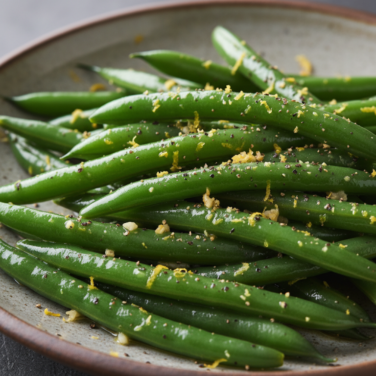 A vibrant side dish of freshly cooked garlic butter green beans, glistening with melted butter and fragrant with herbs.