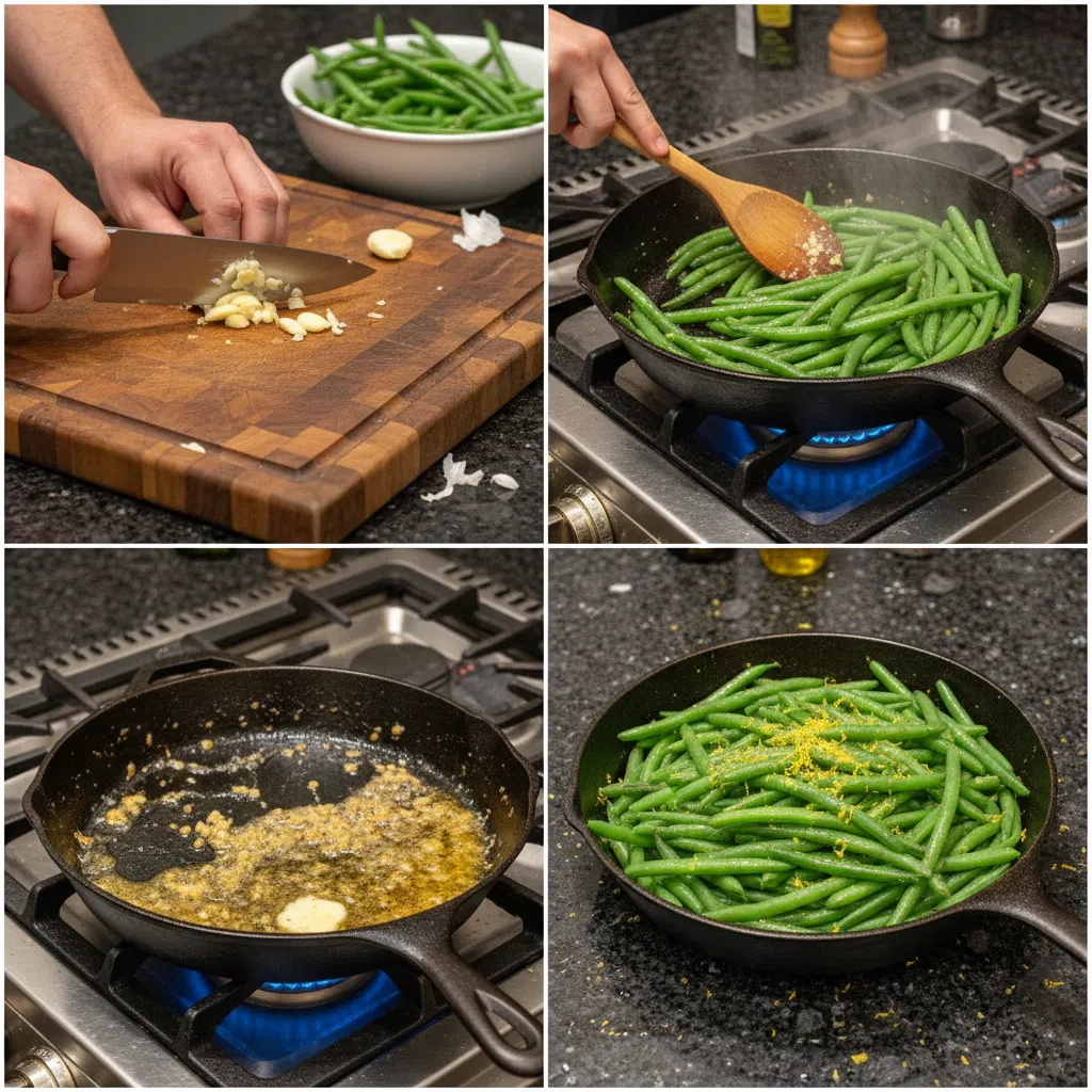 Green beans being sautéed in a skillet with melted butter and minced garlic, cooking for garlic butter green beans.
