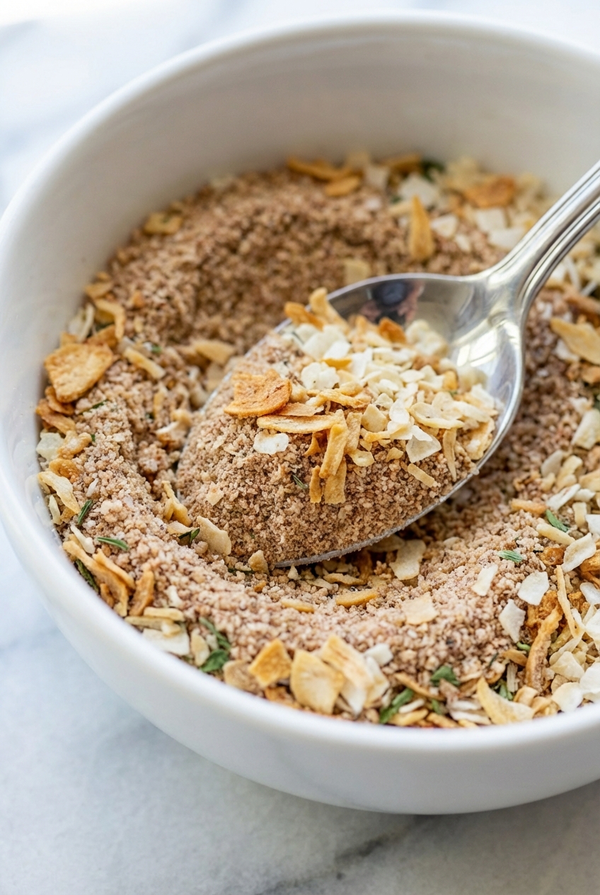 Close-up of the toasted texture in a completed onion soup mix recipe displayed in a ceramic vessel under natural window lighting.