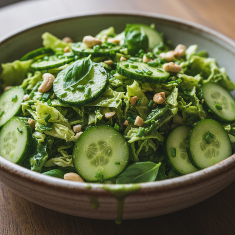 A vibrant and creamy green goddess salad in a large serving bowl, garnished with fresh herbs and ready to enjoy.