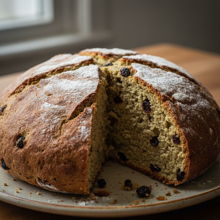 A vibrant green Irish soda bread loaf, freshly baked, sits on a wooden cutting board, ready to be sliced.