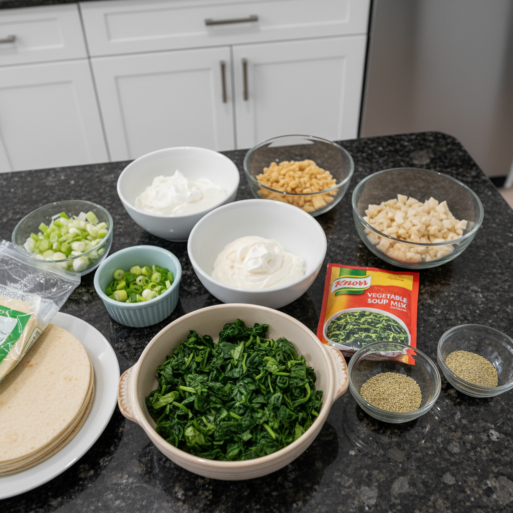 Fresh spinach, cream cheese, herbs, and puff pastry laid out, ready for making Green Spinach Dip Pinwheels for St. Patrick’s Day.