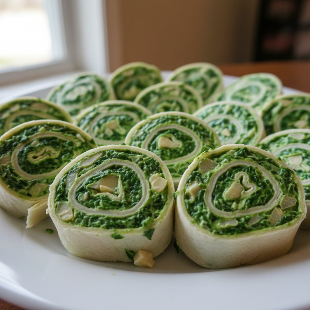 A vibrant platter of Green Spinach Dip Pinwheels for St. Patrick’s Day, perfectly arranged and ready to serve.