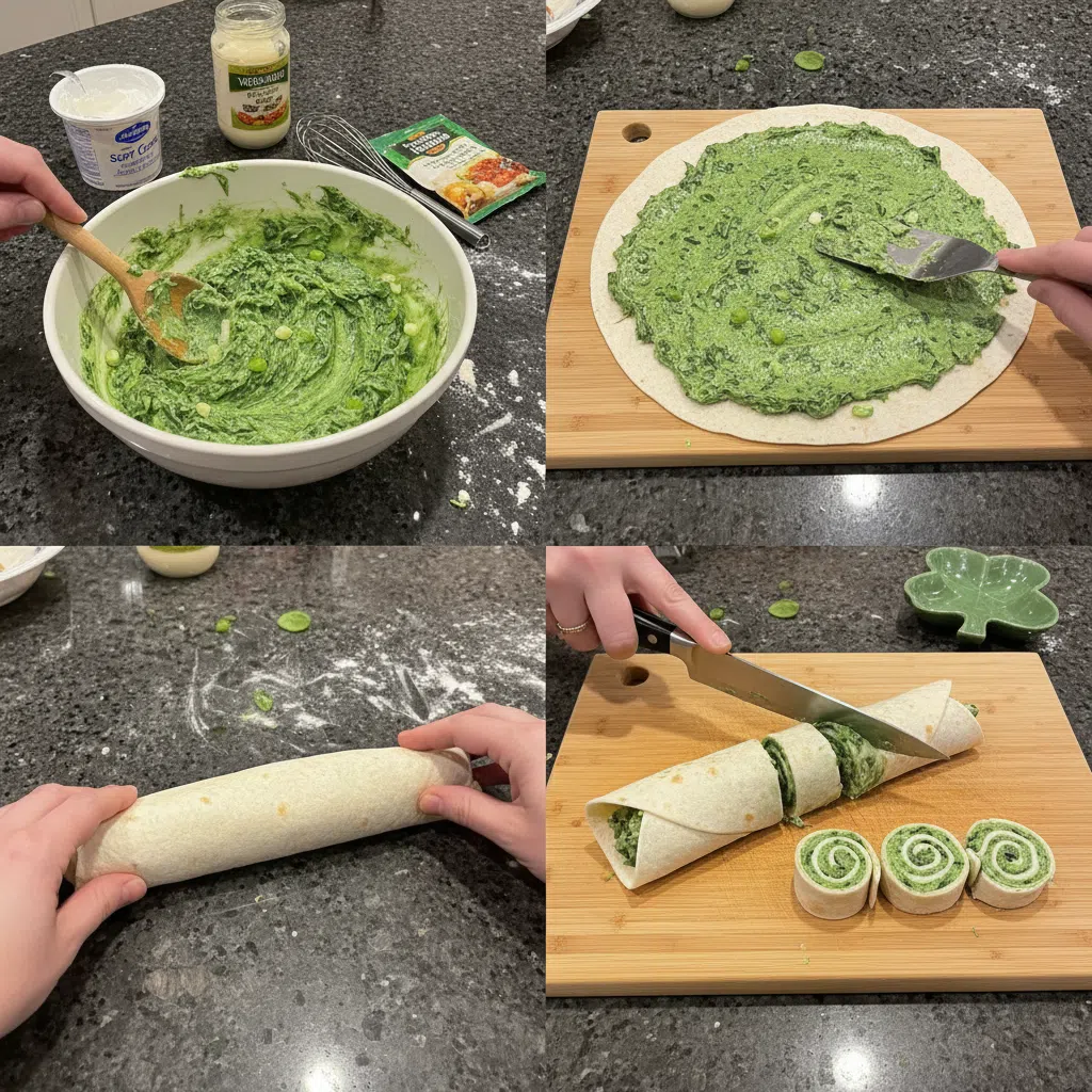 Hands spreading green spinach dip onto a sheet of puff pastry, a key step for Green Spinach Dip Pinwheels for St. Patrick’s Day.