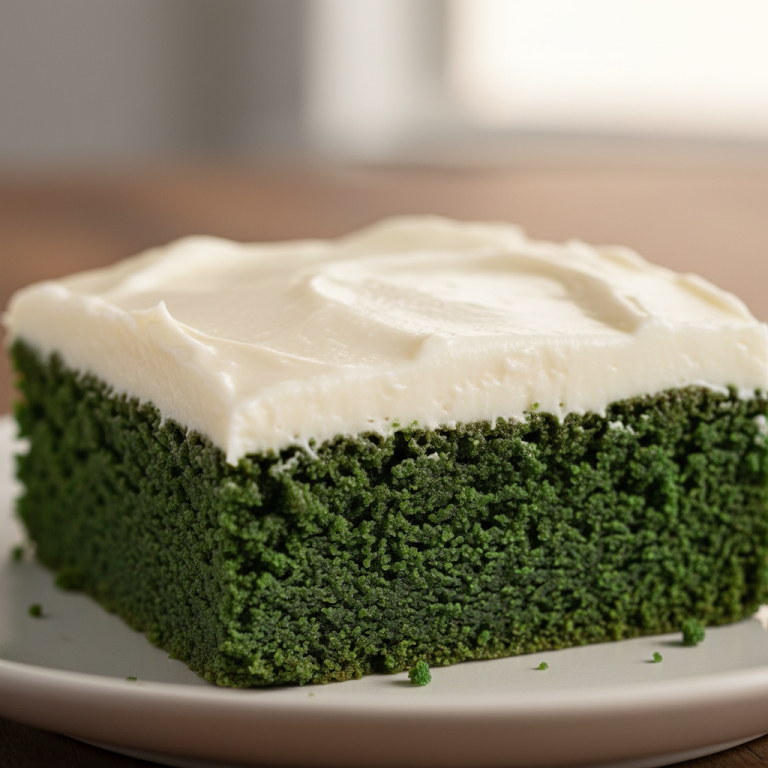 Vibrant green velvet brownies with a thick layer of creamy white cream cheese frosting, ready to be enjoyed.