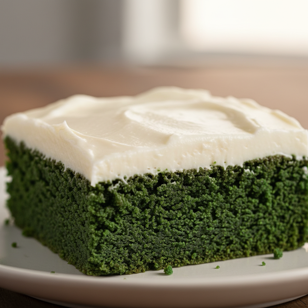 Vibrant green velvet brownies with a thick layer of creamy white cream cheese frosting, ready to be enjoyed.