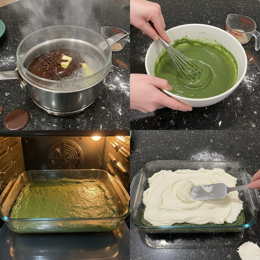 Hands spreading smooth, white cream cheese frosting onto freshly baked green velvet brownies.