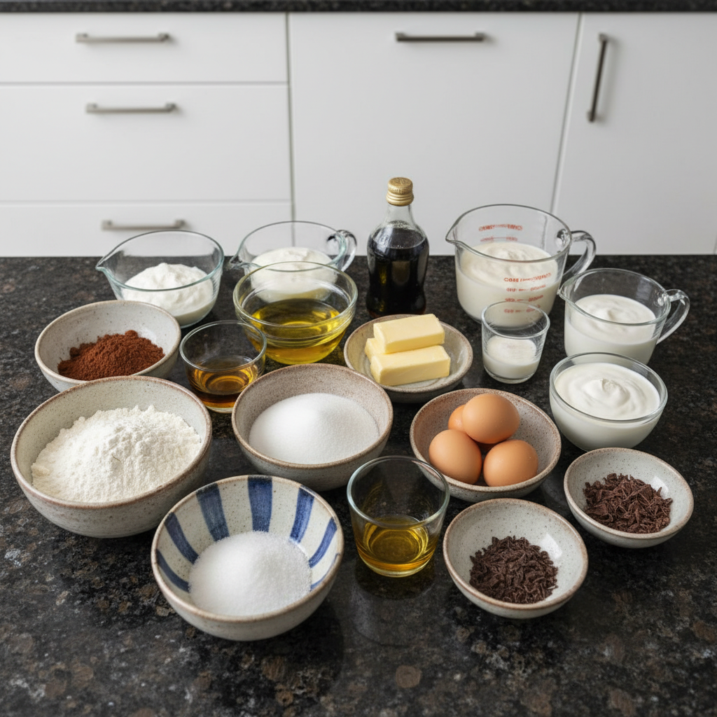 Fresh ingredients for Guinness Chocolate Cake with Irish Buttercream, including cocoa, flour, butter, and a bottle of stout.