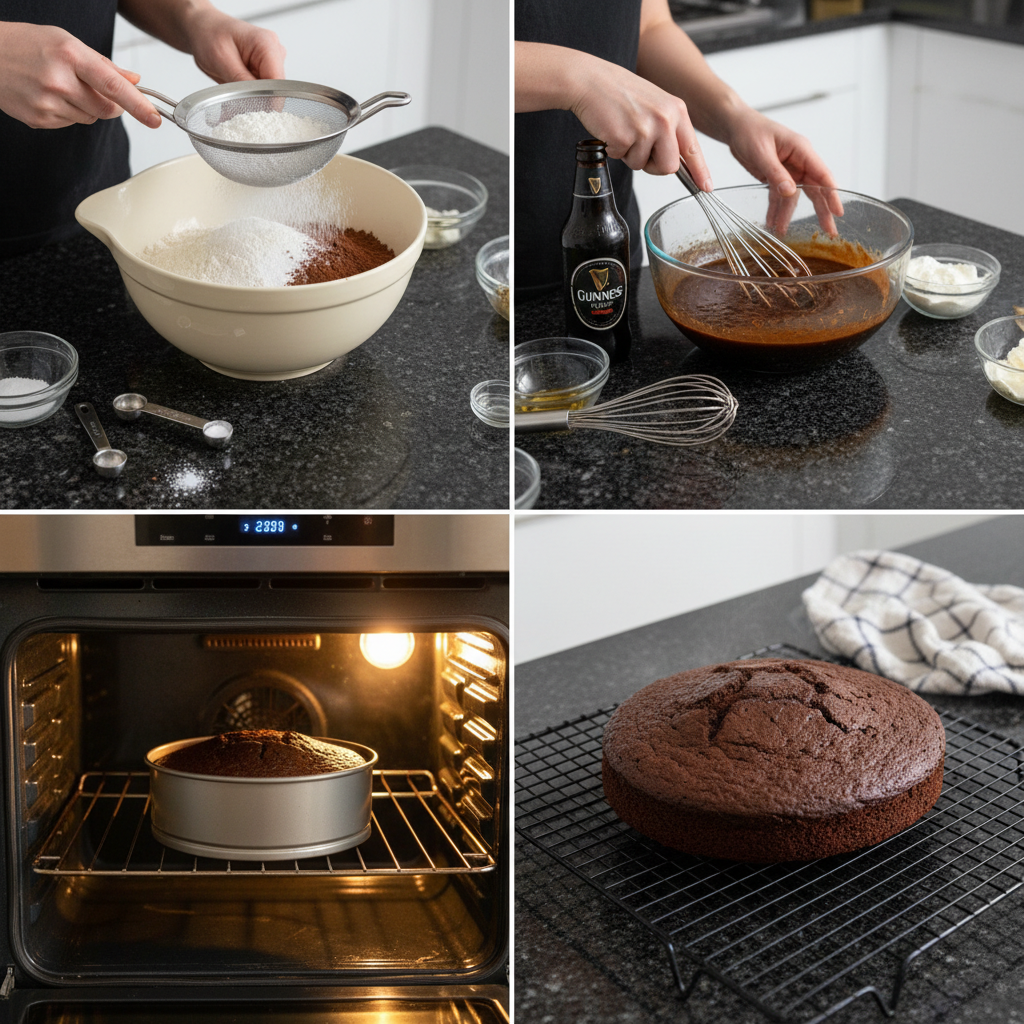Someone skillfully frosting a Guinness Chocolate Cake with smooth Irish Buttercream, a key step in the recipe.