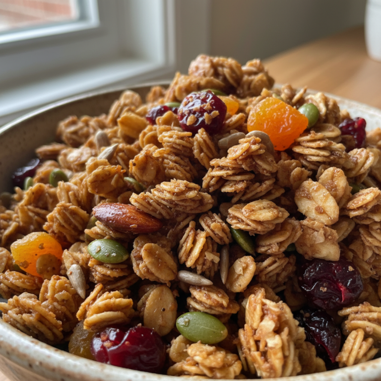 Golden brown homemade granola with nuts, oats, and dried fruit, perfectly baked and ready to enjoy.