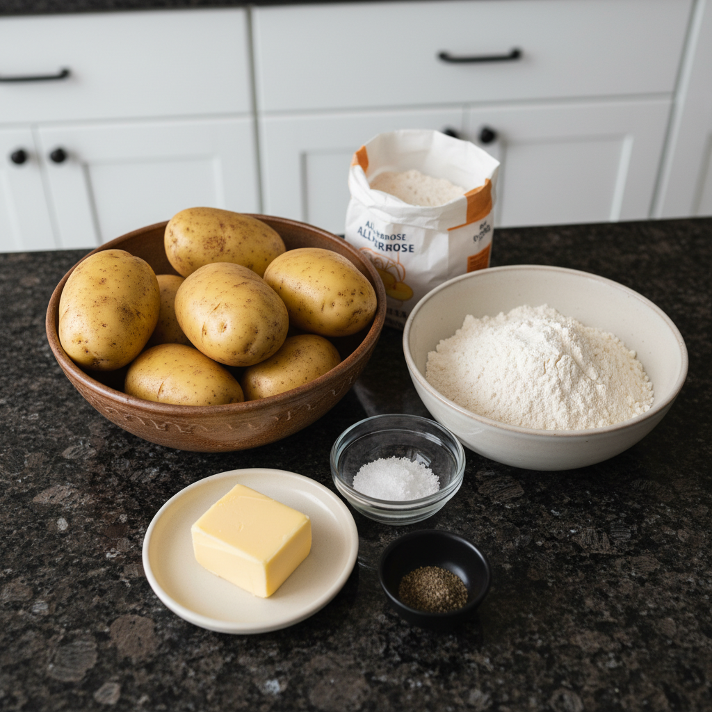 Raw ingredients for Irish Potato Farls, including mashed potatoes, flour, and butter, laid out on a wooden board.