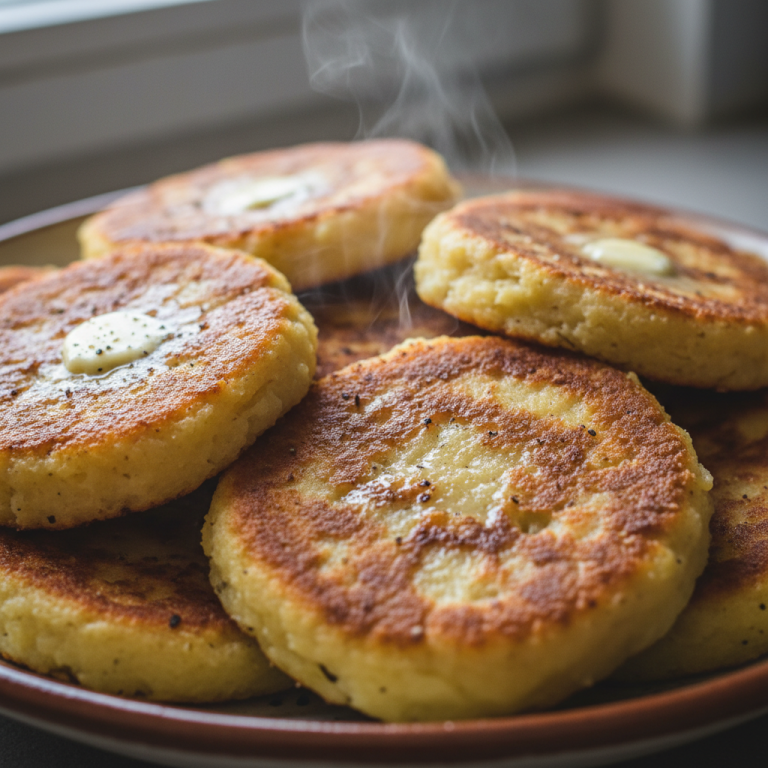Golden-brown Irish Potato Farls, perfectly cooked and stacked, ready to be served for a traditional breakfast.