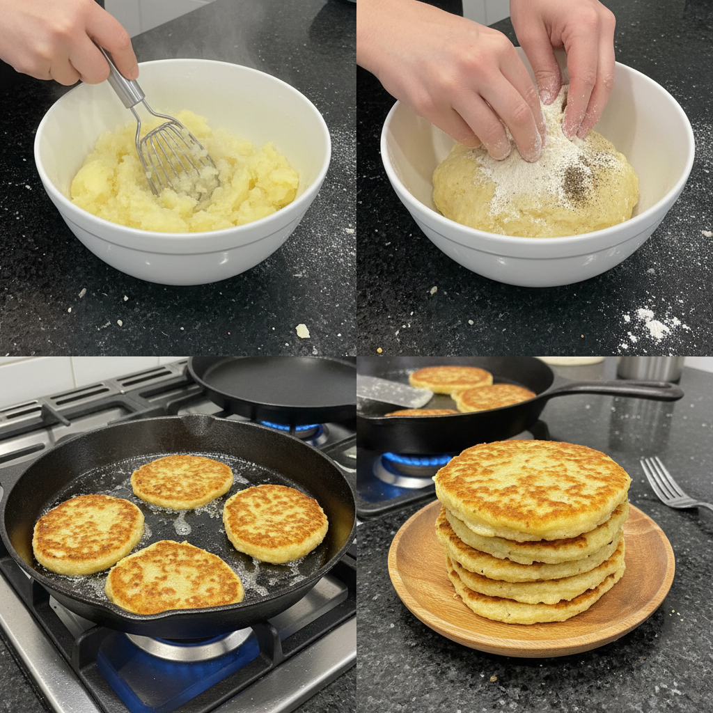 Hands pressing the potato dough into flat rounds on a floured surface, preparing to cook Irish Potato Farls.