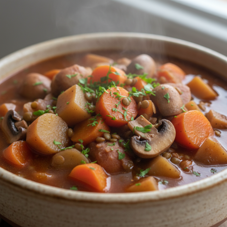 A hearty bowl of Irish Vegetarian Stew with root vegetables and fresh herbs on a rustic wooden table, ready to be served.