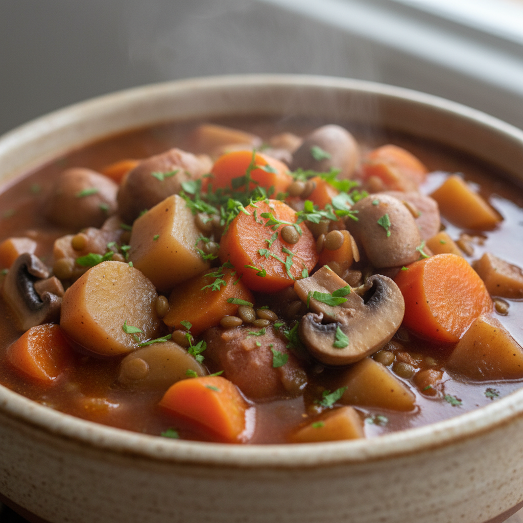 A hearty bowl of Irish Vegetarian Stew with root vegetables and fresh herbs on a rustic wooden table, ready to be served.