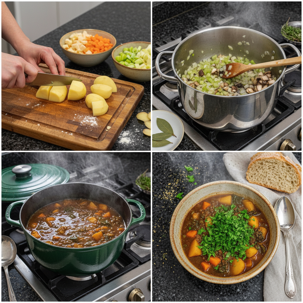 Hands stirring a large pot of vegetables and broth simmering to create a wonderful Irish Vegetarian Stew on the stovetop.