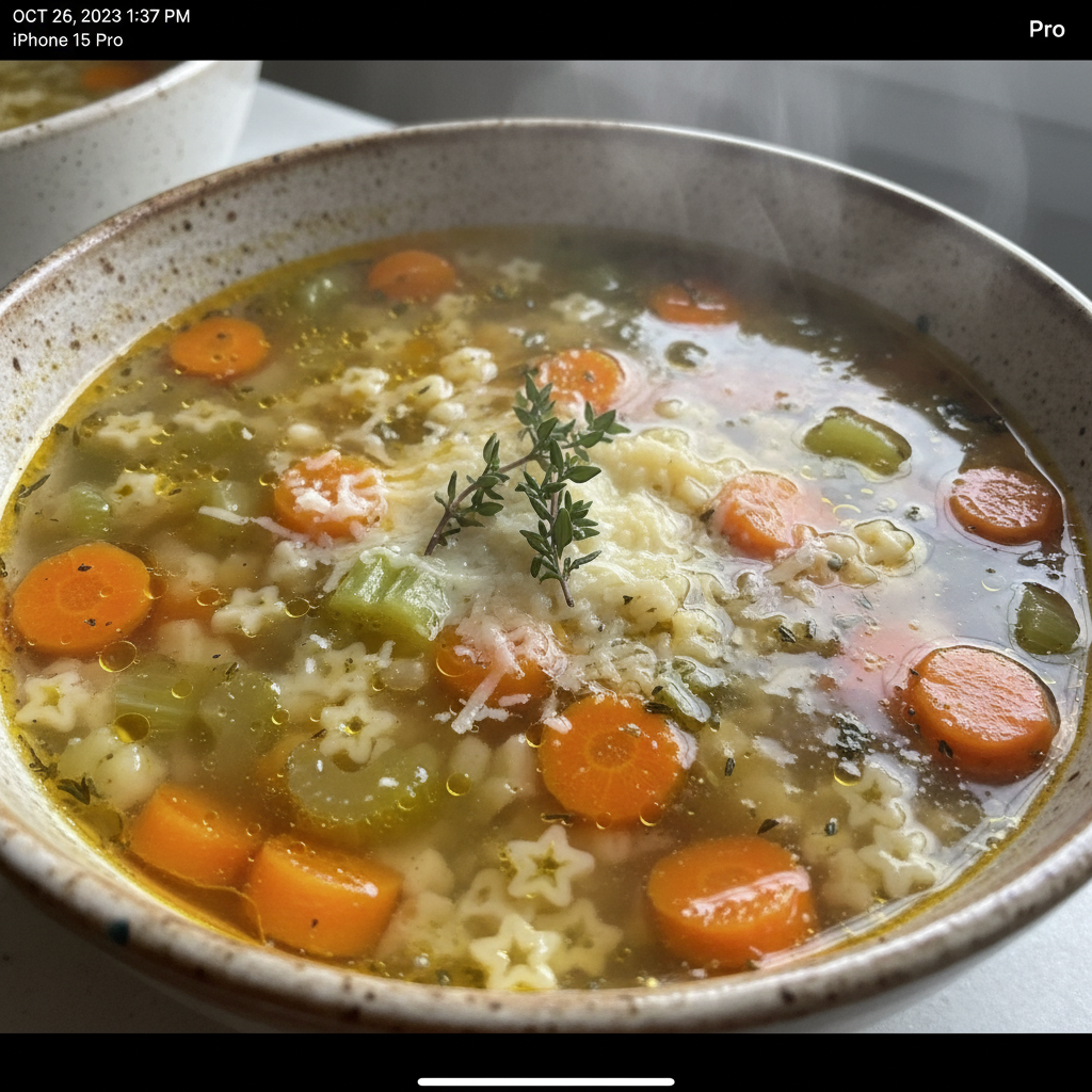 A steaming, hearty bowl of Italian Penicillin Soup, garnished with fresh parsley and a drizzle of olive oil.
