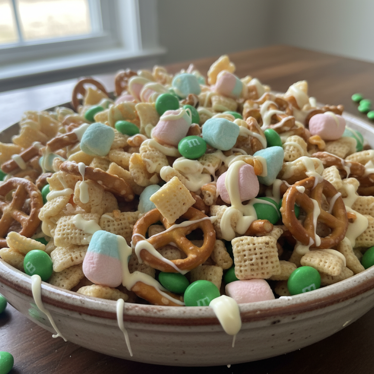 A vibrant, festive bowl of Leprechaun Bait snack mix, ready for St. Patrick's Day celebrations.