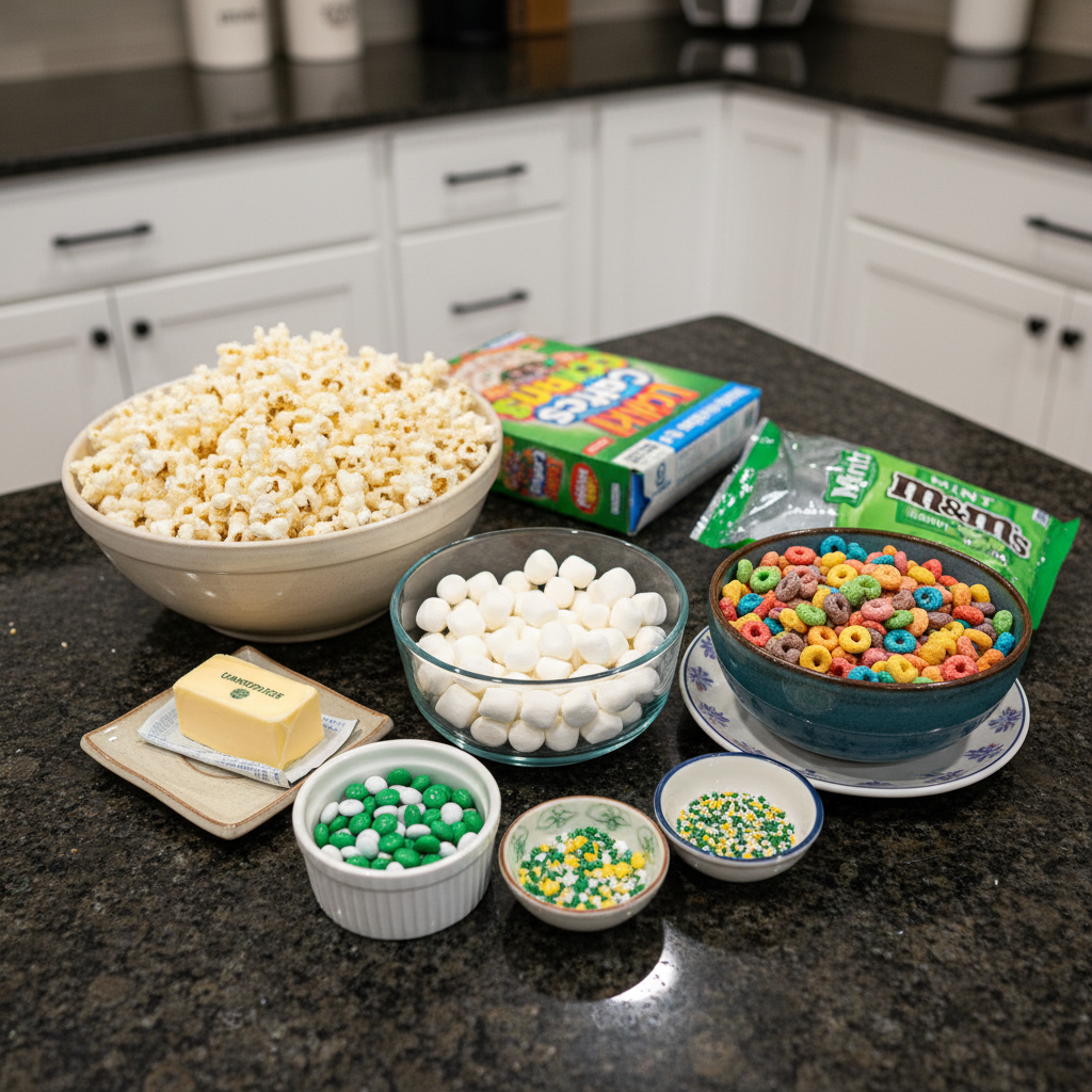Fresh ingredients for Loaded Leprechaun Popcorn, including popcorn, green candy melts, marshmallows, and festive sprinkles.