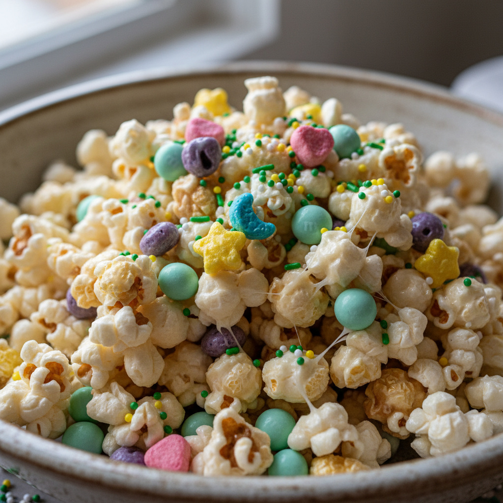 A vibrant green bowl of Loaded Leprechaun Popcorn overflowing with marshmallows, sprinkles, and chocolate coins.