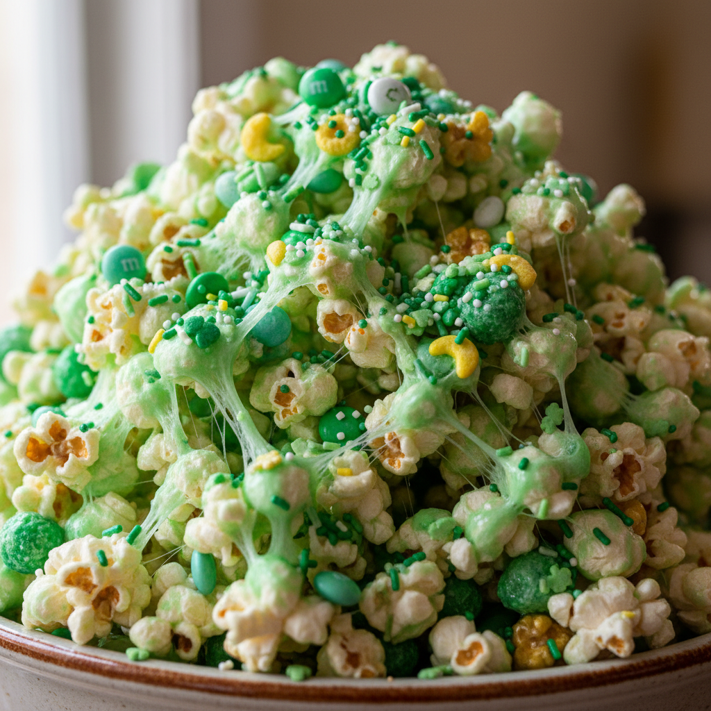 A vibrant bowl of Loaded Leprechaun Popcorn, overflowing with green candy, gold coins, and white chocolate drizzle.