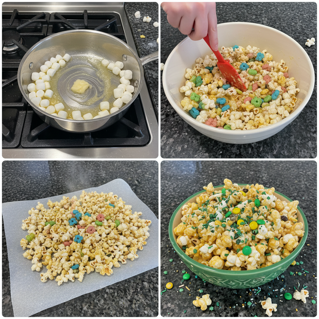 Coating freshly popped corn with vibrant green candy melts for Loaded Leprechaun Popcorn in a large mixing bowl.
