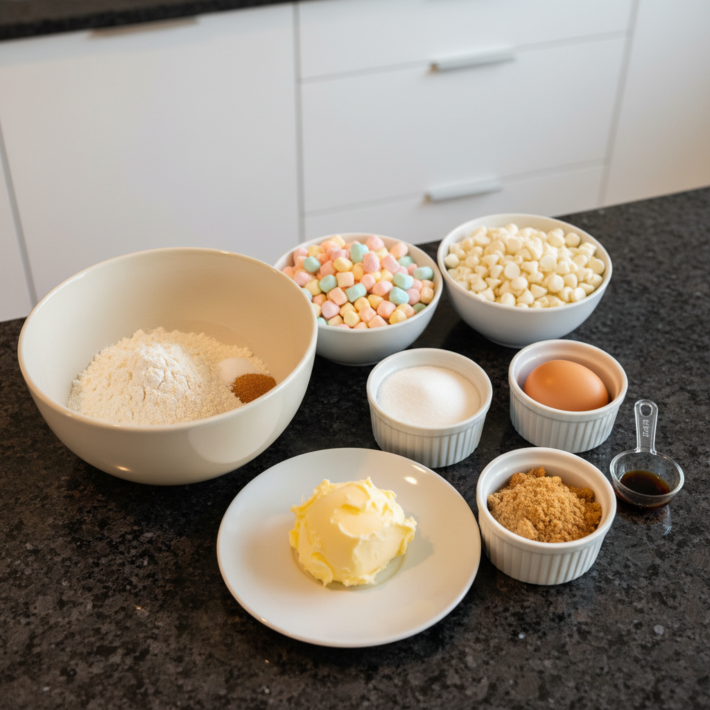 Fresh ingredients for Lucky Charms Cookies laid out, including a box of cereal, butter, flour, sugar, and colorful marshmallows.