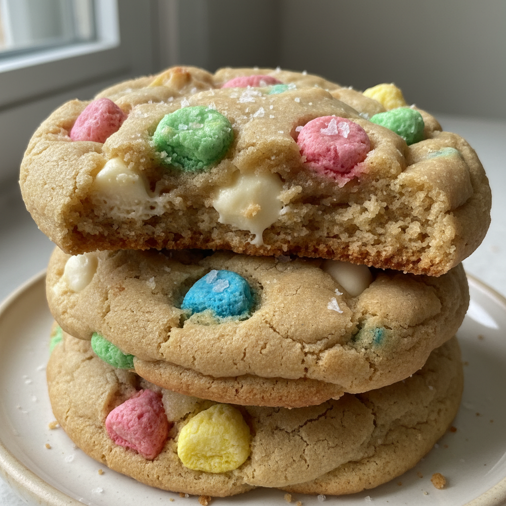 A close-up of colorful Lucky Charms Cookies, soft and chewy with melted marshmallows and rainbow cereal pieces.