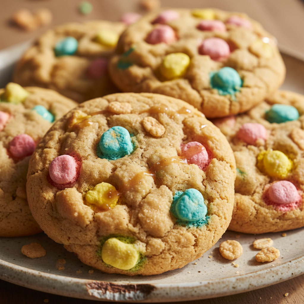 Golden brown Lucky Charms Cookies studded with colorful marshmallows, cooling on a wire rack.