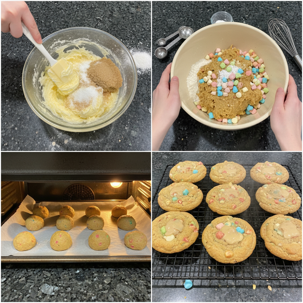 Hands mixing dough with Lucky Charms cereal and mini marshmallows for Lucky Charms Cookies in a large bowl.