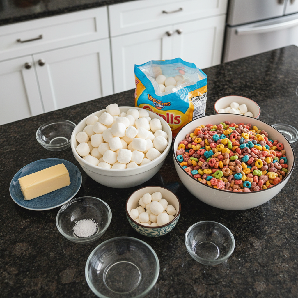Ingredients for Lucky Charms Rice Crispy Treats Recipe, including a box of cereal, butter, and marshmallows, neatly arranged on a counter.