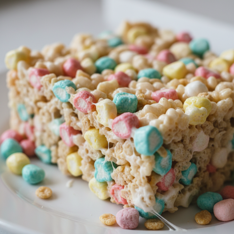 A close-up of colorful Lucky Charms Rice Crispy Treats Recipe, stacked on a white plate, showcasing their gooey texture and vibrant marshmallows.