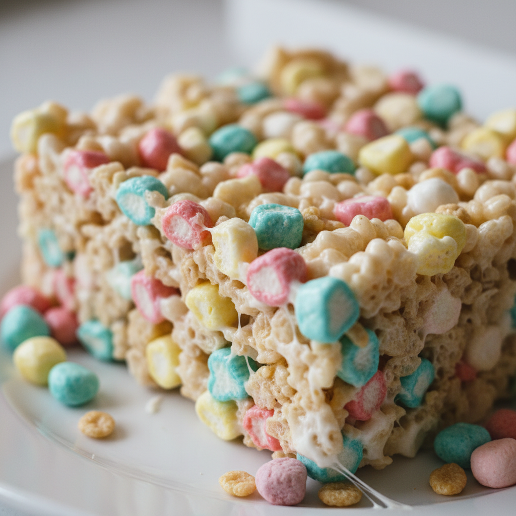 A close-up of colorful Lucky Charms Rice Crispy Treats Recipe, stacked on a white plate, showcasing their gooey texture and vibrant marshmallows.